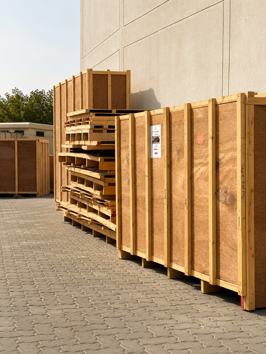 Custom timber crates staged for collection — ready for international freight from Dubai to Milan
